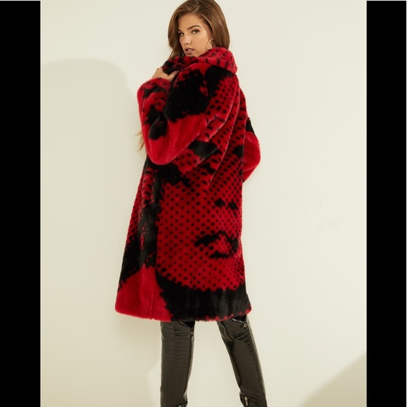 Guess Jackets & Blazers - Guess Vintage Faux Fur Paisley Graphic Coat red